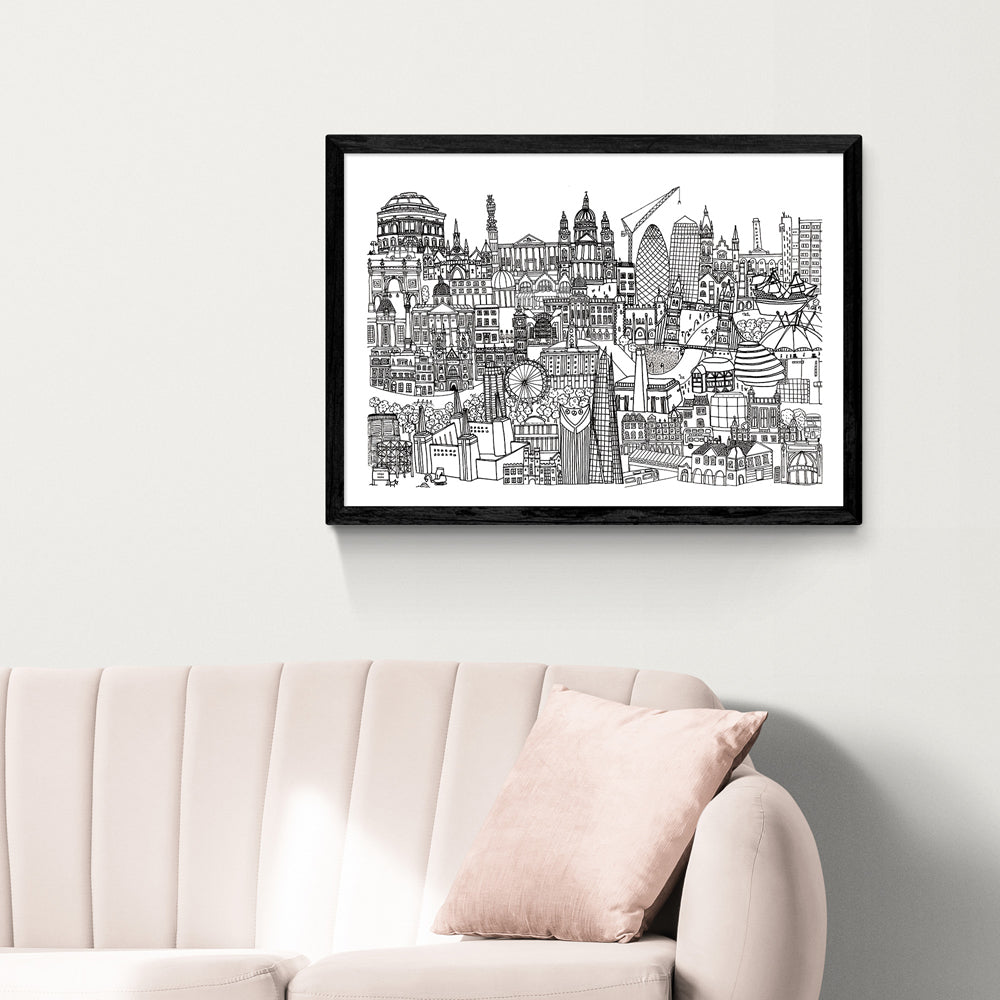 Product photograph of London Jungle Black And White By Lizzie Prestt - A2 Black Framed Art Print from Olivia's.