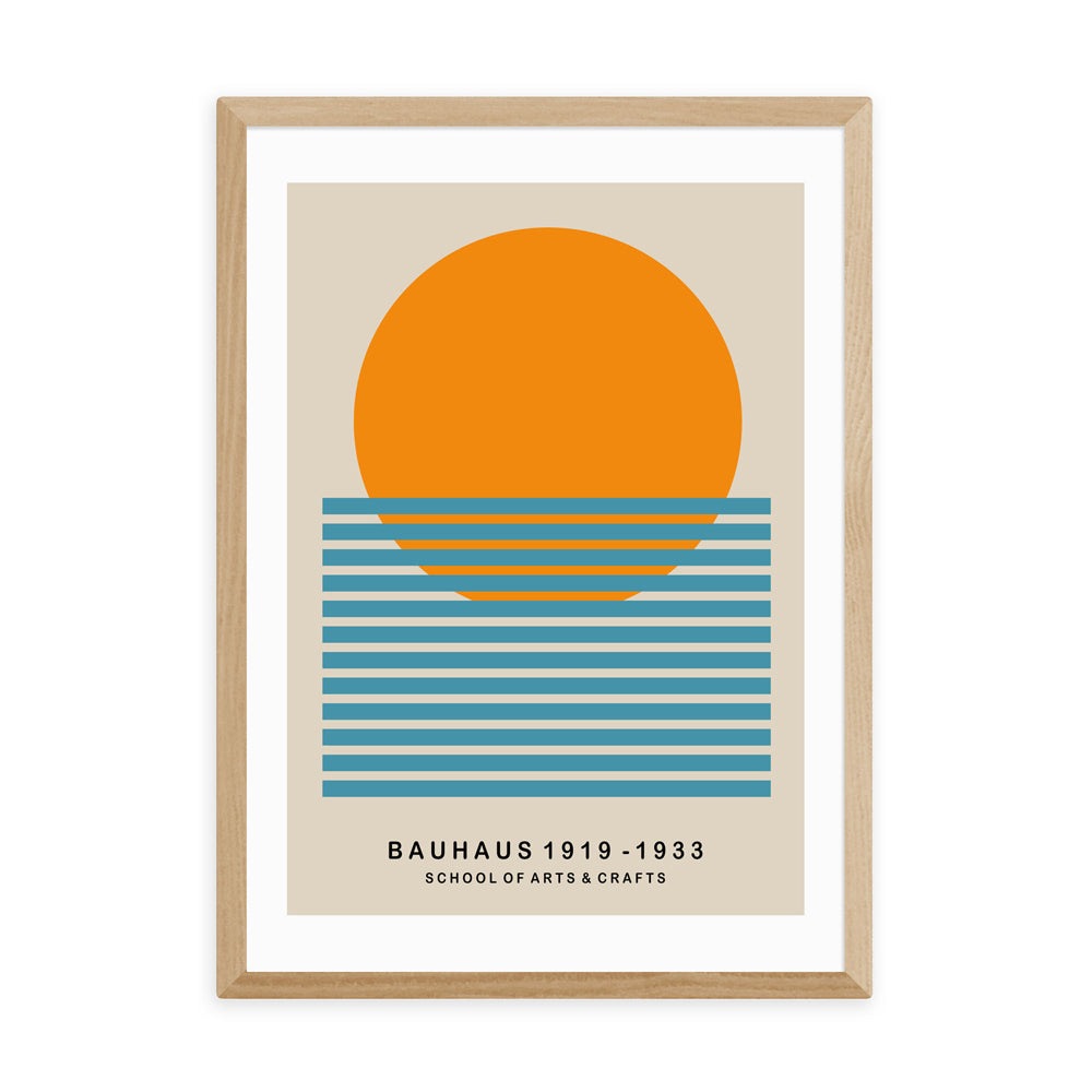 Product photograph of Mid Century Sun Bauhaus By Luxe Poster Co - A3 Oak Framed Art Print from Olivia's