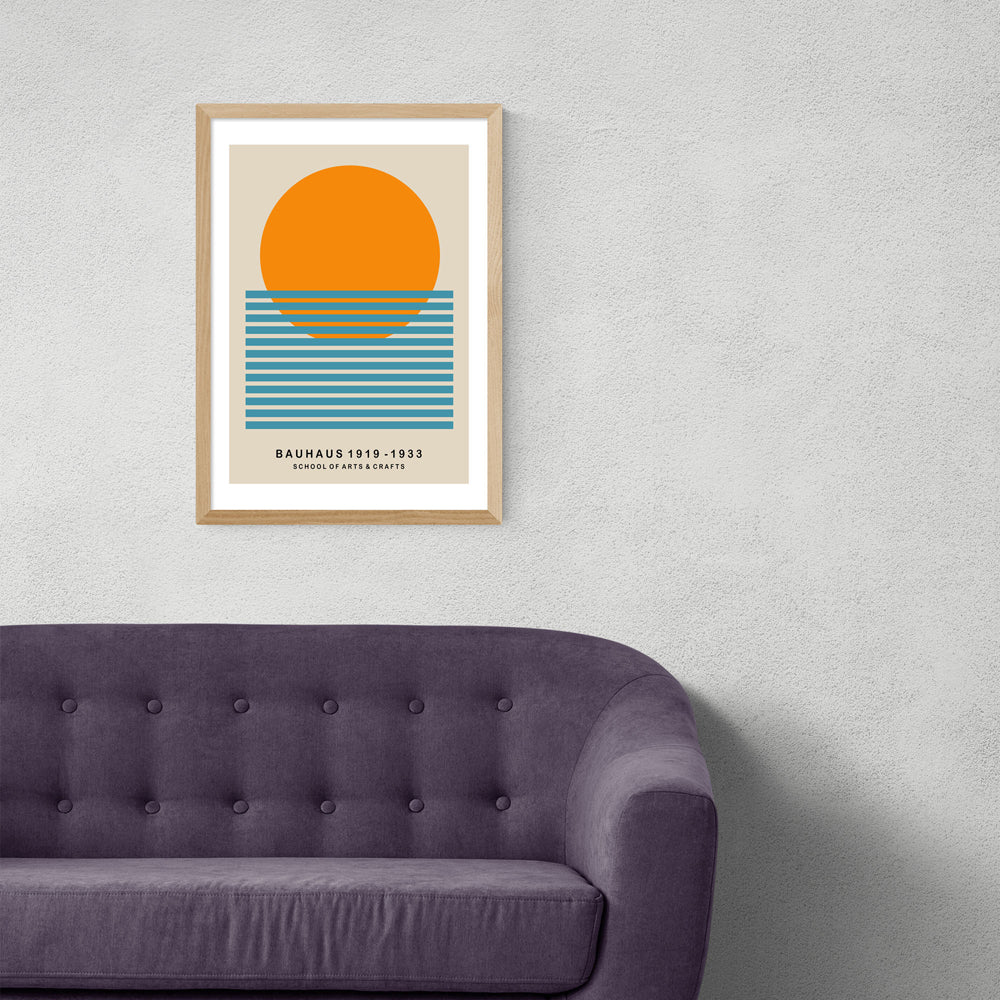 Product photograph of Mid Century Sun Bauhaus By Luxe Poster Co - A3 Oak Framed Art Print from Olivia's.