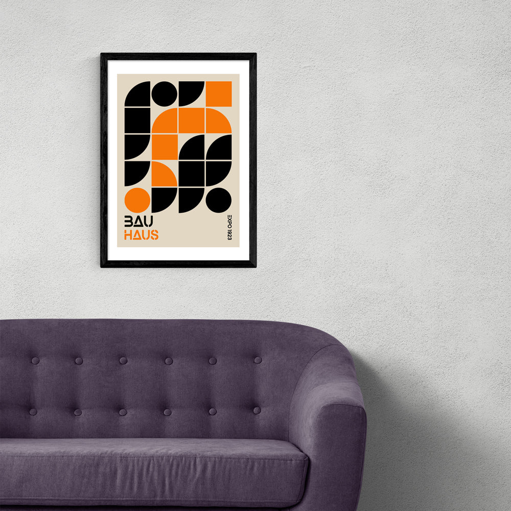 Product photograph of Orange And Black Geometric By Luxe Poster Co - A3 Black Framed Art Print from Olivia's.