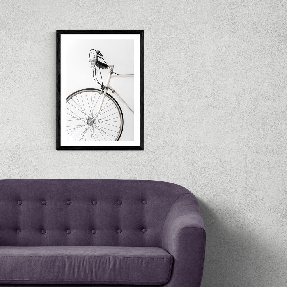 Product photograph of 338 White Minimal Bicycle By Studio Na Hili - A3 Black Framed Art Print from Olivia's.