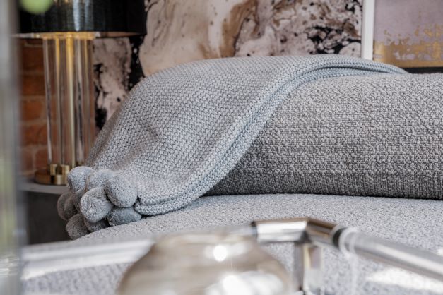 Product photograph of Gallery Interiors Moss Stitched Pom Pom Throw In Grey from Olivia's.