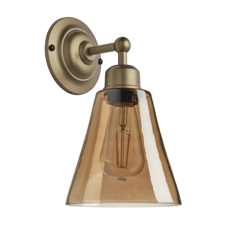 Product photograph of Industville Orlando Tinted Glass Flask Amber Wall Light 6 Inch Pewter Holder from Olivia's.