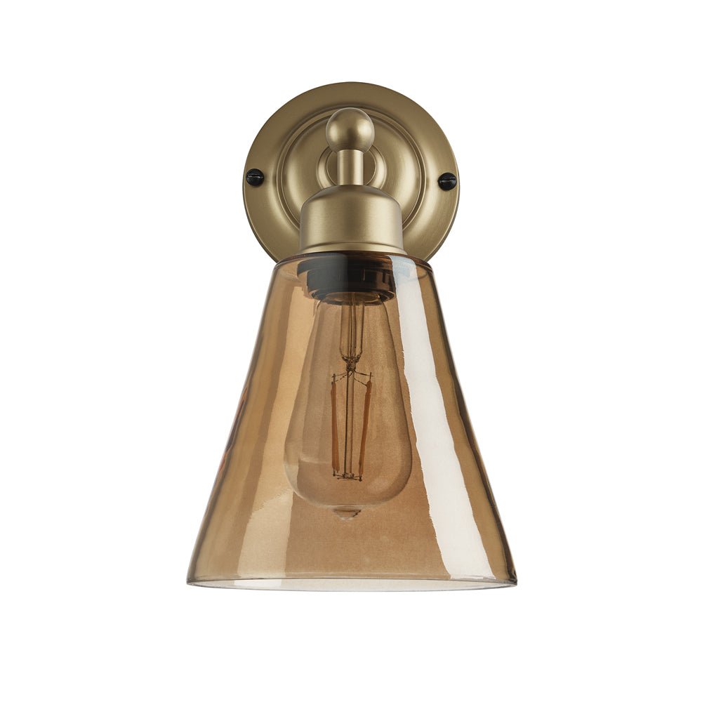 Product photograph of Industville Orlando Tinted Glass Flask Amber Wall Light 6 Inch Brass Holder from Olivia's.