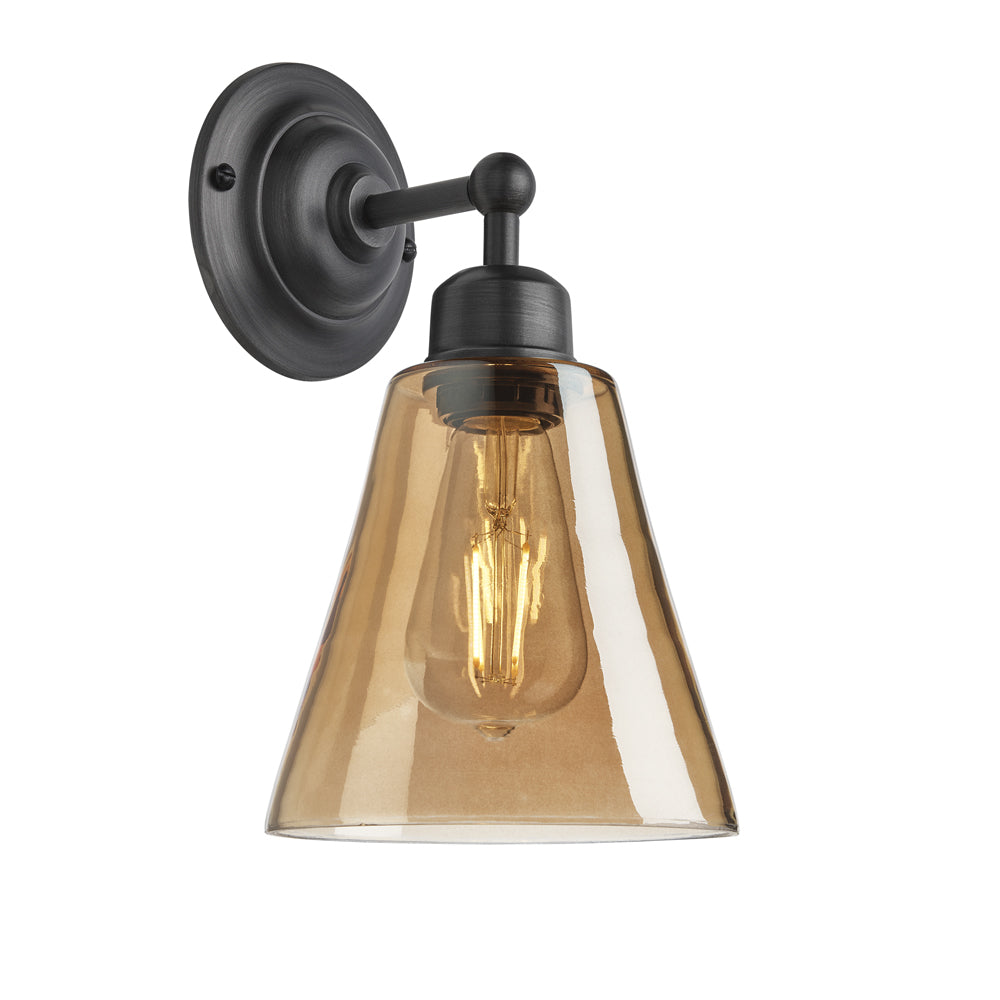 Product photograph of Industville Orlando Tinted Glass Flask Amber Wall Light 6 Inch Brass Holder from Olivia's.