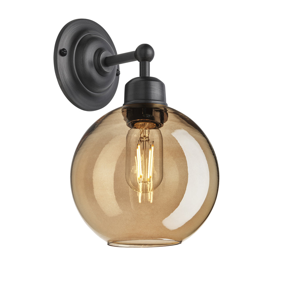 Product photograph of Industville Orlando Tinted Glass Globe Amber Wall Light 7 Inch Brass Holder from Olivia's.