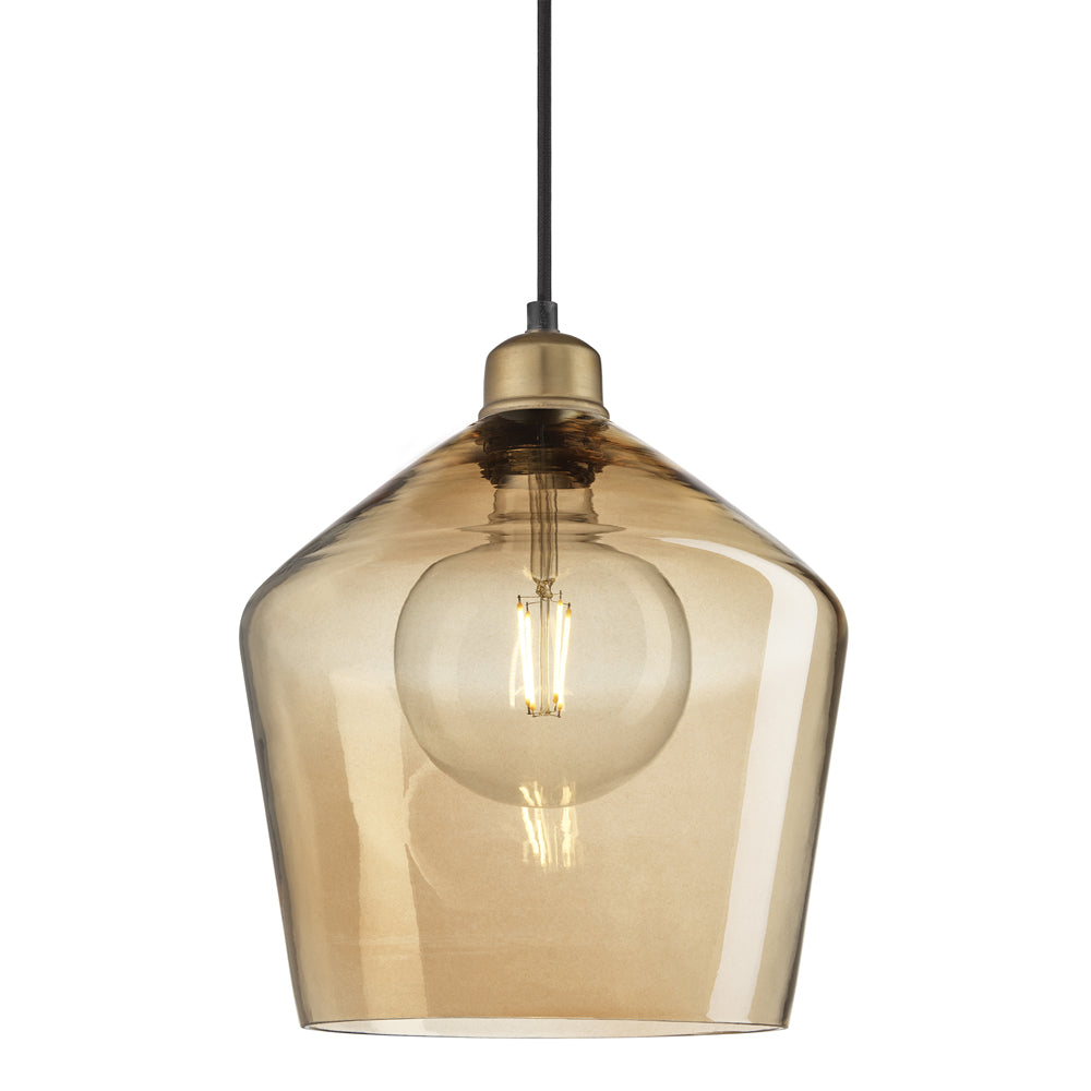 Product photograph of Industville Orlando Tinted Glass Schoolhouse Amber Pendant 10 Inch Brass Holder from Olivia's
