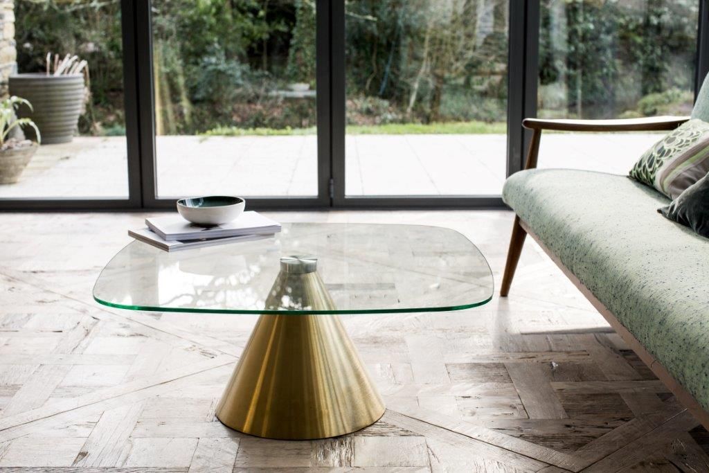 Product photograph of Gillmore Oscar Clear Glass Top Brass Base Square Coffee Table Small from Olivia's.