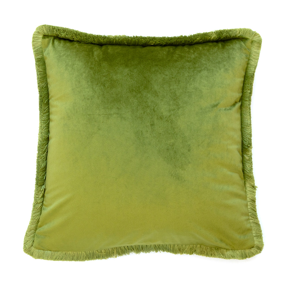 Product photograph of Malini Meghan Cushion In Olive With Fringe Detailing from Olivia's