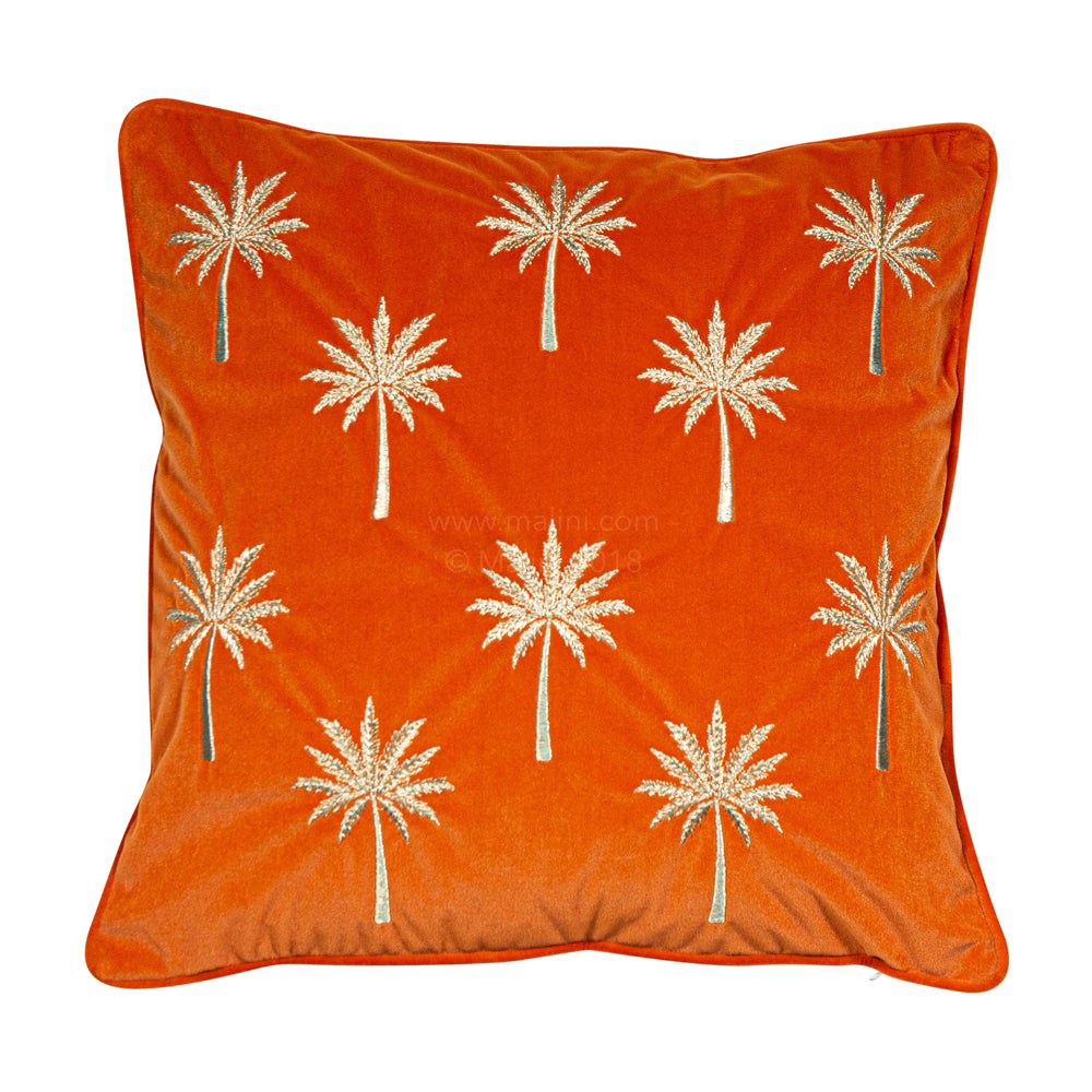 Malini Palm Tree Velvet Cushion In Orange 45 X 45cm