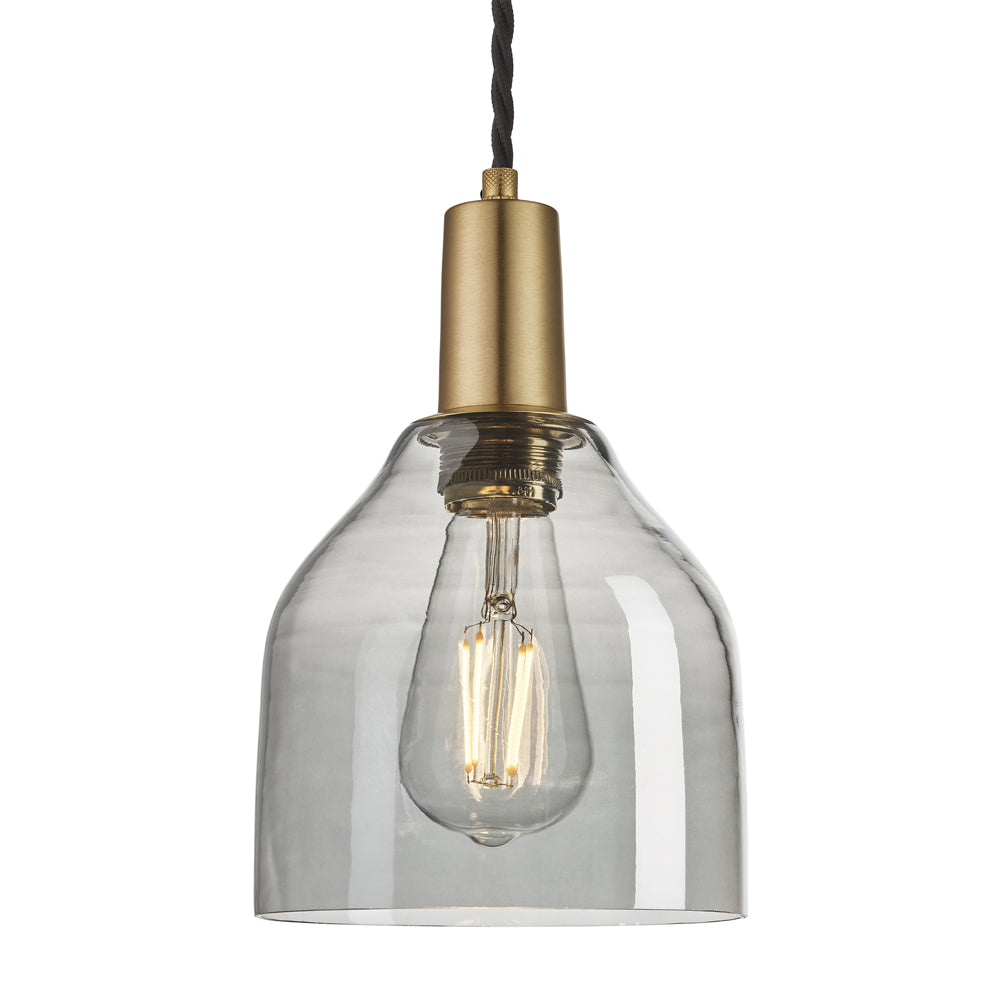 Product photograph of Industville Sleek 6 Inch Cone Pendant Smoke Grey Tinted Glass And Brass Holder from Olivia's