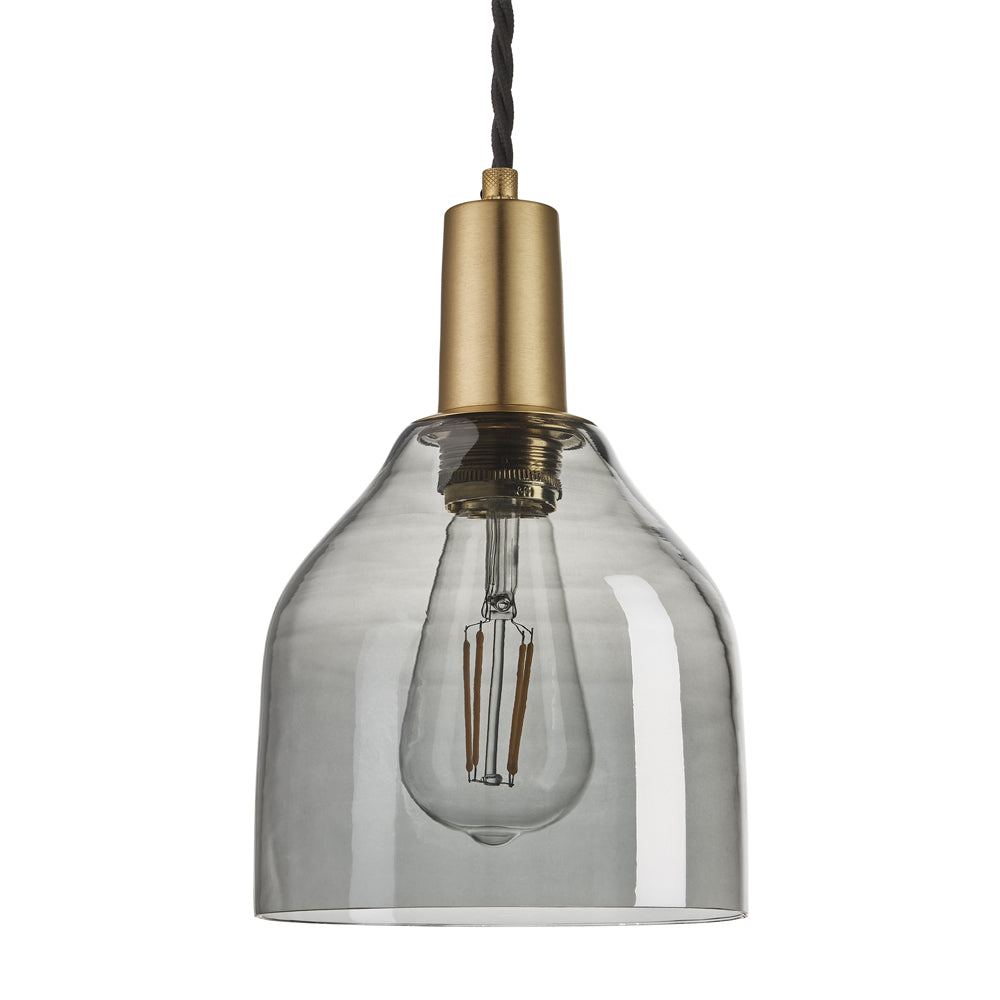 Product photograph of Industville Sleek 6 Inch Cone Pendant Smoke Grey Tinted Glass And Brass Holder from Olivia's.