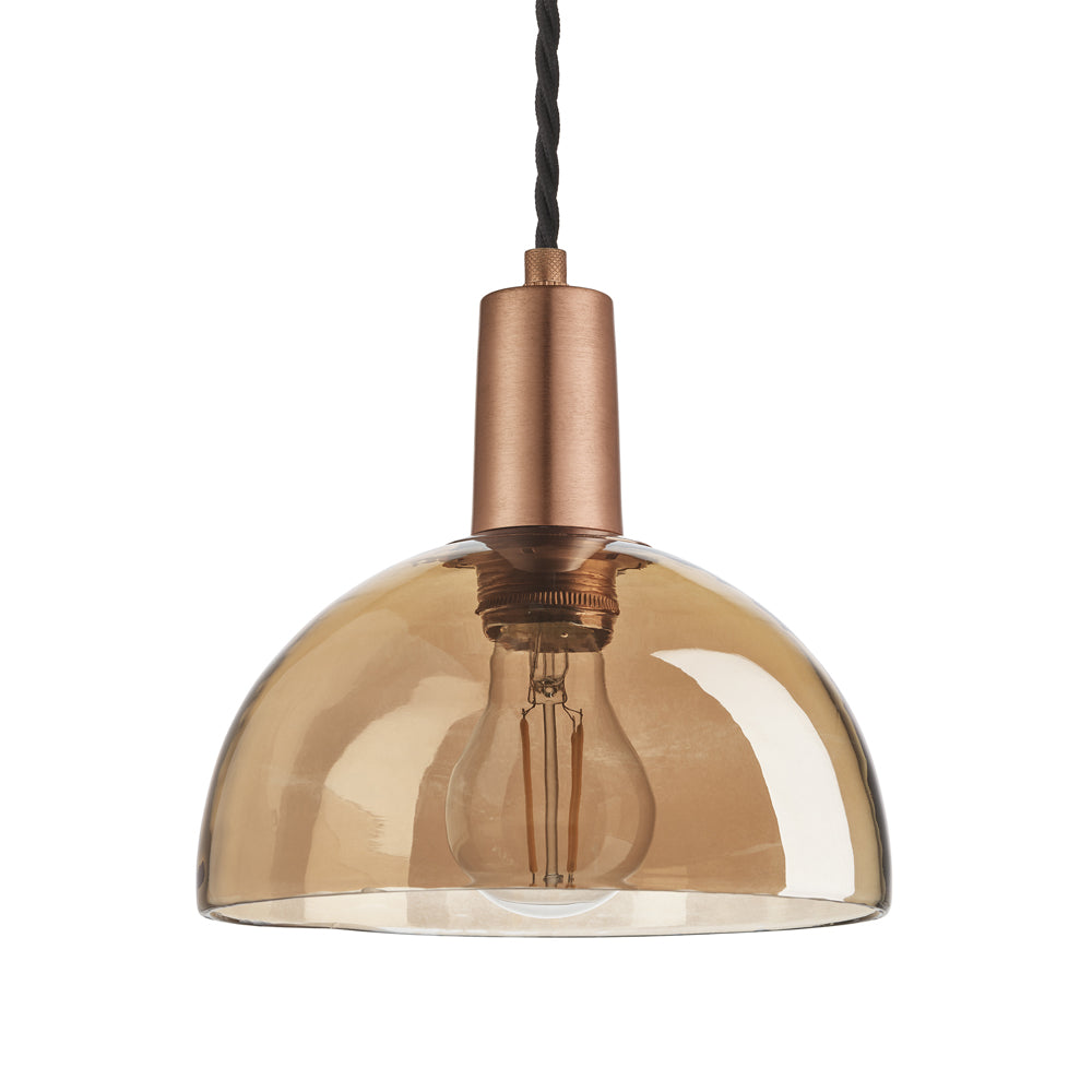 Product photograph of Industville Sleek Tinted Glass Dome Amber Pendant 8 Inch Copper Holder from Olivia's.