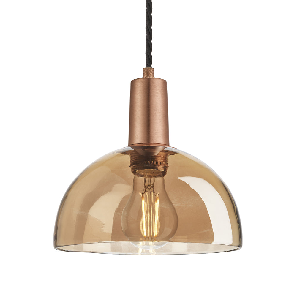 Product photograph of Industville Sleek Tinted Glass Dome Amber Pendant 8 Inch Copper Holder from Olivia's.