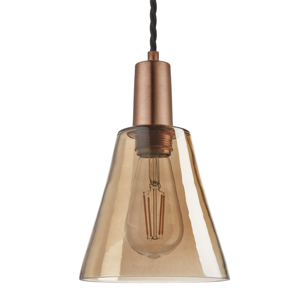 Product photograph of Industville Sleek Tinted Glass Flask Amber Pendant 6 Inch Copper Holder from Olivia's.