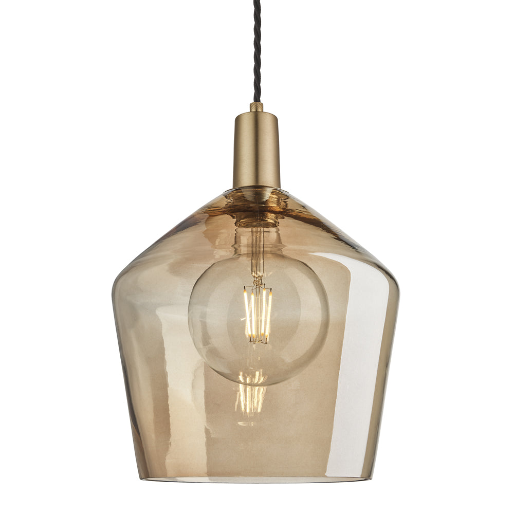 Product photograph of Industville Sleek Tinted Glass Schoolhouse Amber Pendant 10 Inch Pewter Holder from Olivia's
