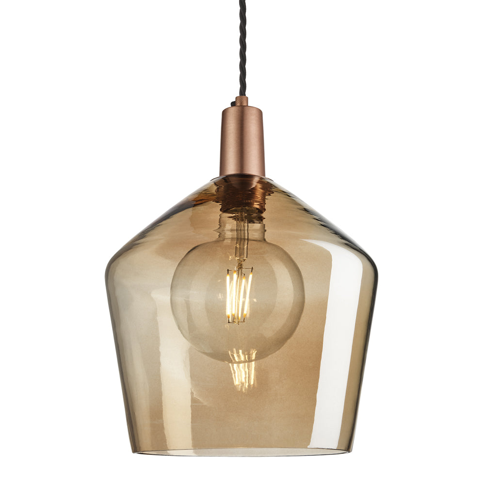 Product photograph of Industville Sleek Tinted Glass Schoolhouse Amber Pendant 10 Inch Copper Holder from Olivia's.
