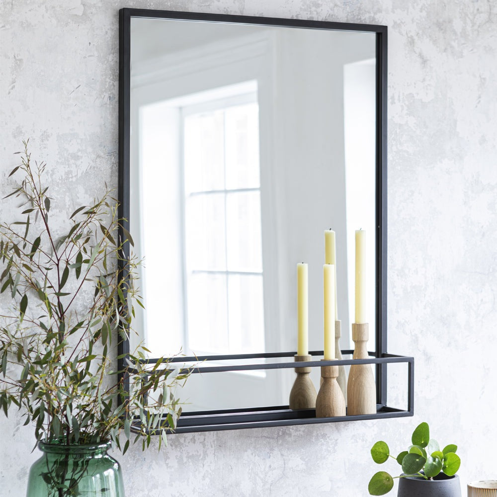 Product photograph of Garden Trading Sapperton Mirror With Shelf In Black Iron from Olivia's