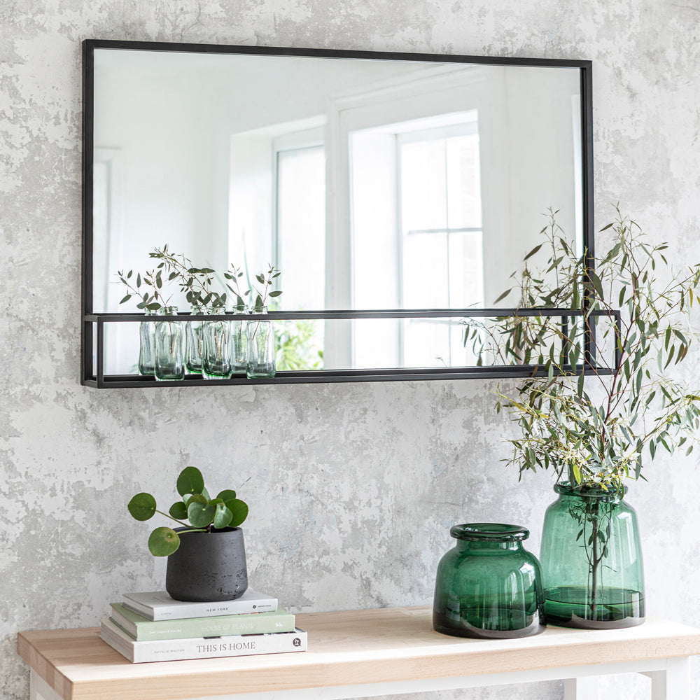 Product photograph of Garden Trading Sapperton Mirror With Shelf In Black from Olivia's