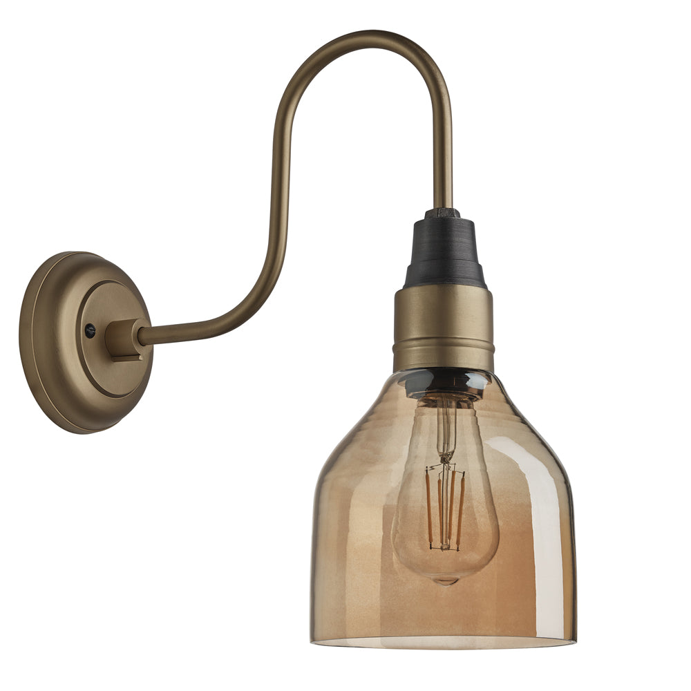 Product photograph of Industville Swan Neck Tinted Glass Cone Amber Wall Light 6 Inch Brass Holder from Olivia's.