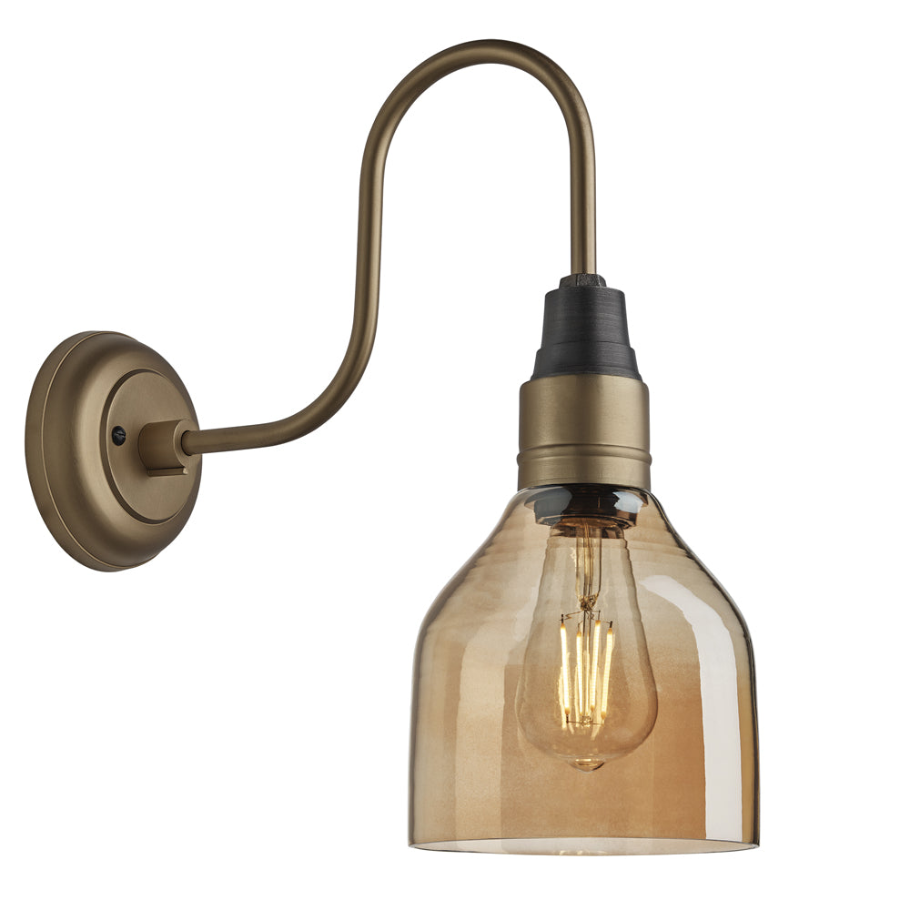 Product photograph of Industville Swan Neck Tinted Glass Cone Amber Wall Light 6 Inch Brass Holder from Olivia's
