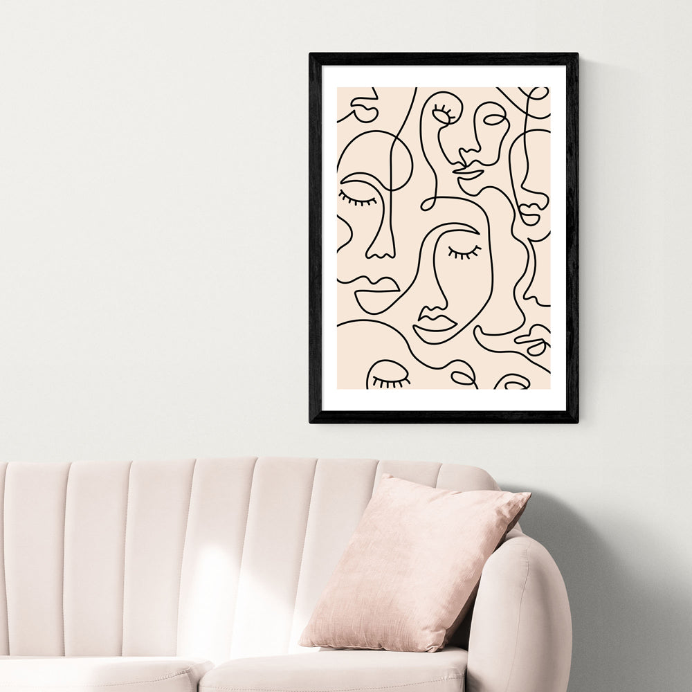 Product photograph of Single Line Faces By Sundry Society - A2 Black Framed Art Print from Olivia's