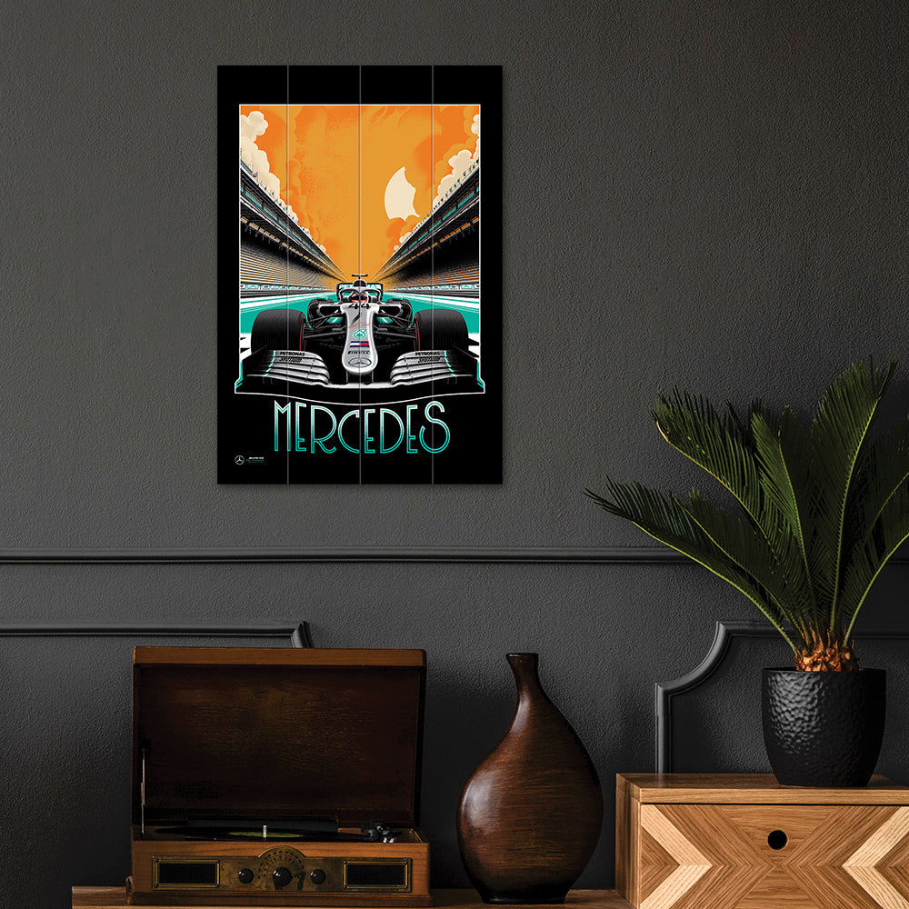 Product photograph of The Art Group Zoom F1 Mercedes Wood Print- 40x59cm from Olivia's.