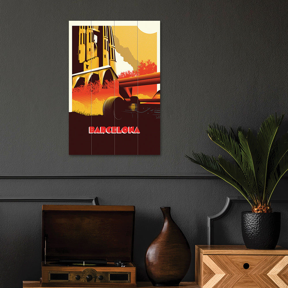 Product photograph of The Art Group Zoom F1 Barcelona Wood Print- 40x59cm from Olivia's.