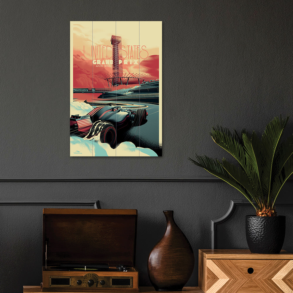Product photograph of The Art Group Zoom F1 Circuit Of The Americas 2018 Wood Print- 40x59cm from Olivia's.