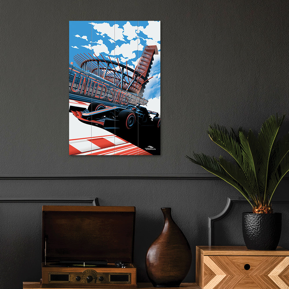 Product photograph of The Art Group Zoom F1 Us Grand Prix 2019 Wood Print- 40x59cm from Olivia's.