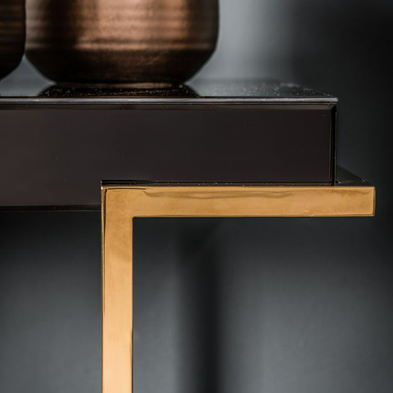 Product photograph of Gallery Interiors Delray Mirrored Console In Black Gold Outlet from Olivia's.