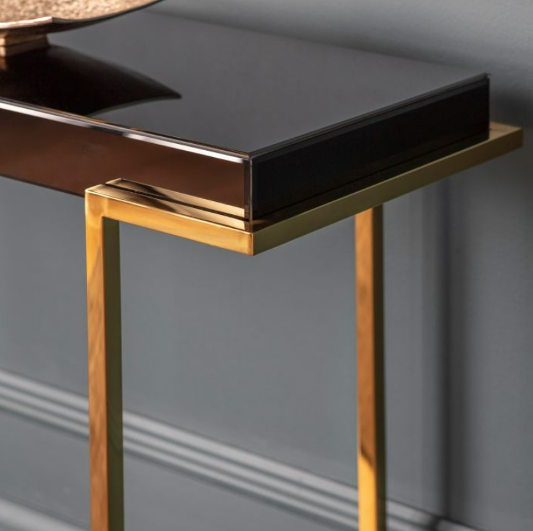 Product photograph of Gallery Interiors Delray Mirrored Console In Black Gold Outlet from Olivia's.