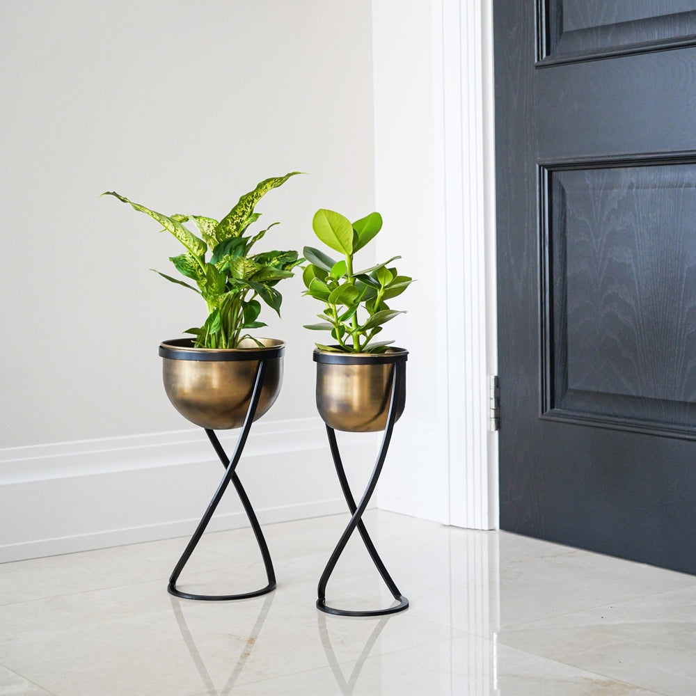 Product photograph of Ivyline Indoor Kensington Tall Brass Metal Round Planter On Stand from Olivia's.