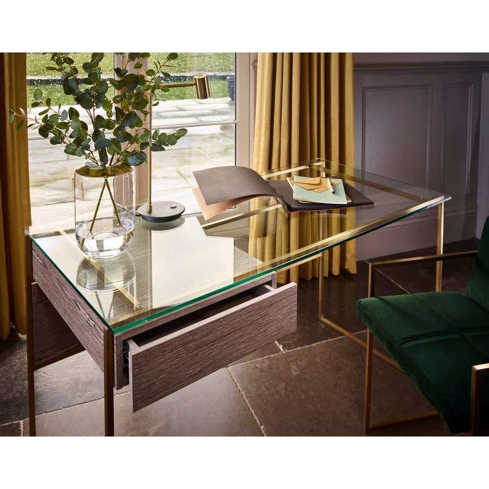 Product photograph of Gillmore Federico Weathered Oak With Brass Frame Desk from Olivia's.