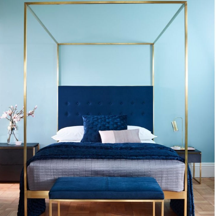 Product photograph of Gillmore Bed Federico Brass Frame Canopy Midnight Blue Upholstered Headboard Bed Double from Olivia's.