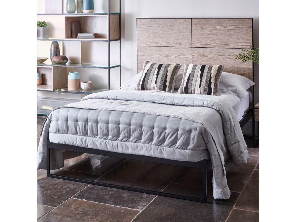 Product photograph of Gillmore Bed Federico Black Frame Weathered Oak Headboard Bed Double from Olivia's.