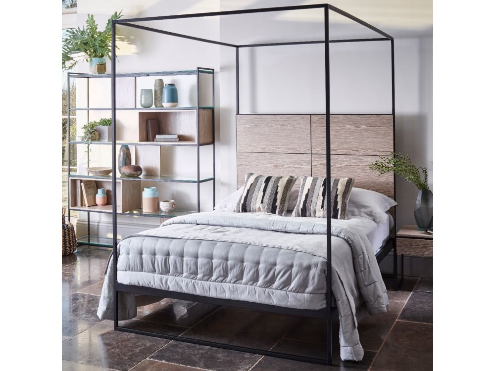 Product photograph of Gillmore Bed Federico Black Frame Canopy Weathered Oak Headboard Bed King from Olivia's.