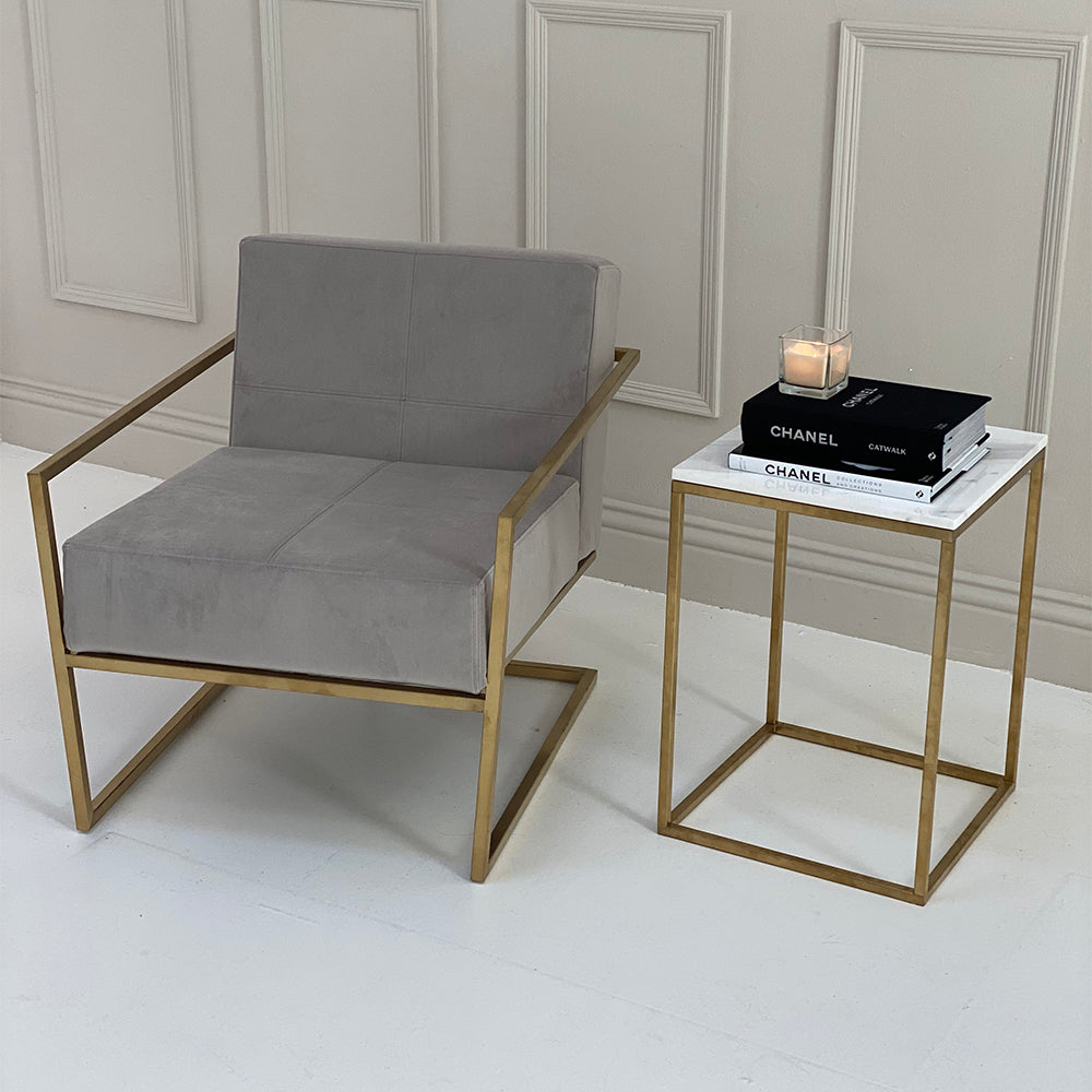 Product photograph of Gillmore Federico Mushroom Grey Velvet With Brass Frame Occasional Chair from Olivia's.