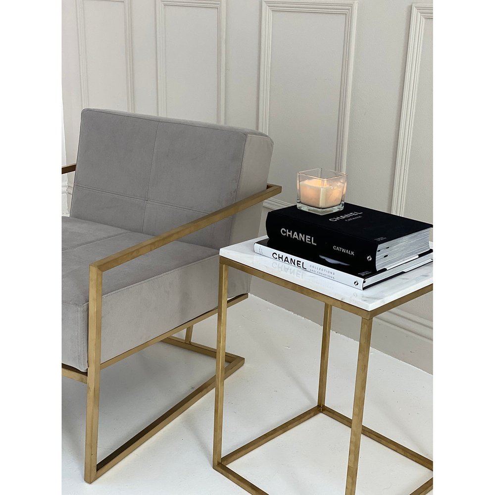 Product photograph of Gillmore Federico Mushroom Grey Velvet With Brass Frame Occasional Chair from Olivia's.