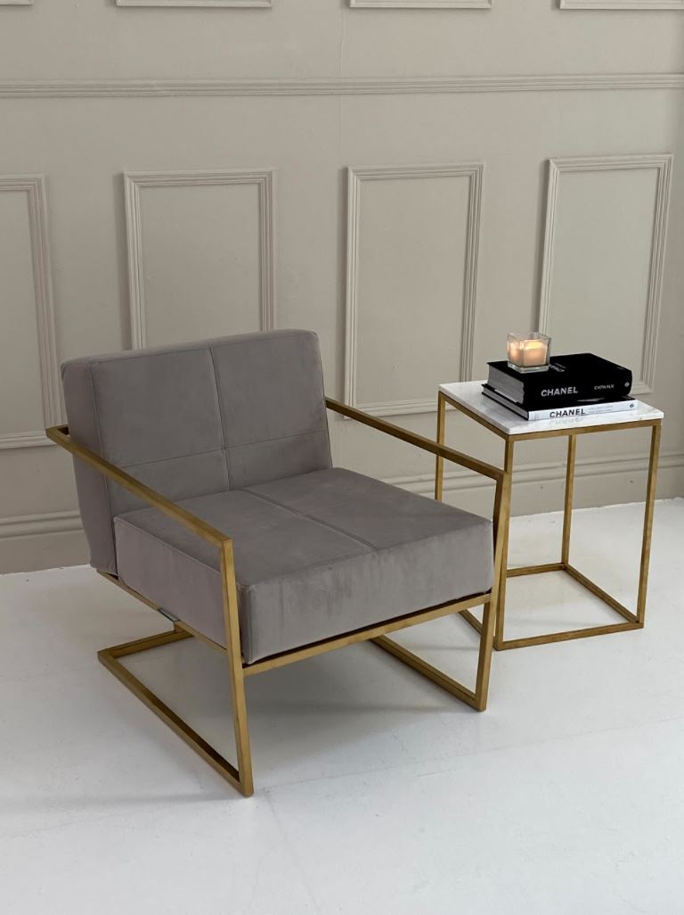 Product photograph of Gillmore Federico Mushroom Grey Velvet With Brass Frame Occasional Chair from Olivia's.