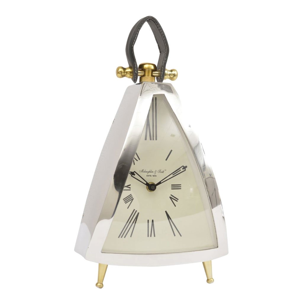 Product photograph of Libra Isosceles Curved Front Mantel Clock With Leather Handle Outlet from Olivia's