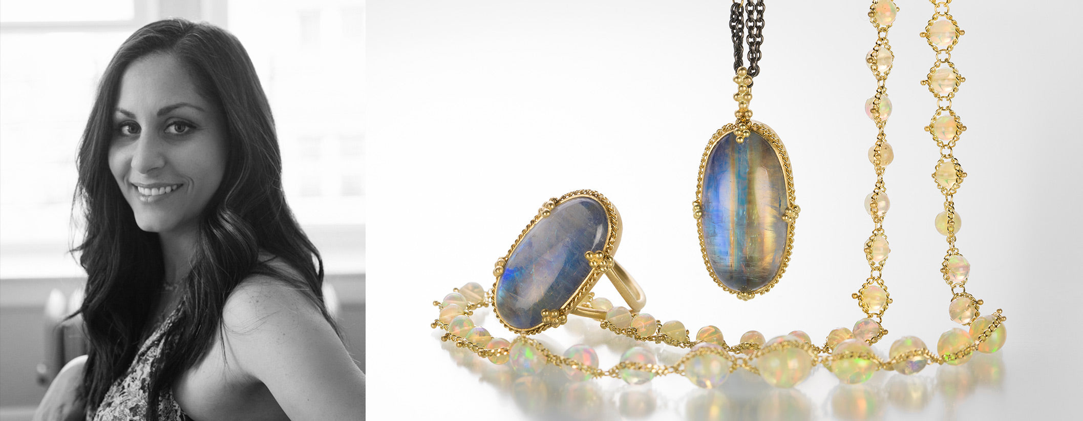 Designer Sara Freedenfeld of Amali jewelry pictured with jewelry from her collection. An 18k yellow gold pink tourmaline ring, an ethiopian opal necklace, a hand woven tourmaline necklace and a rainbow mooonstone necklace