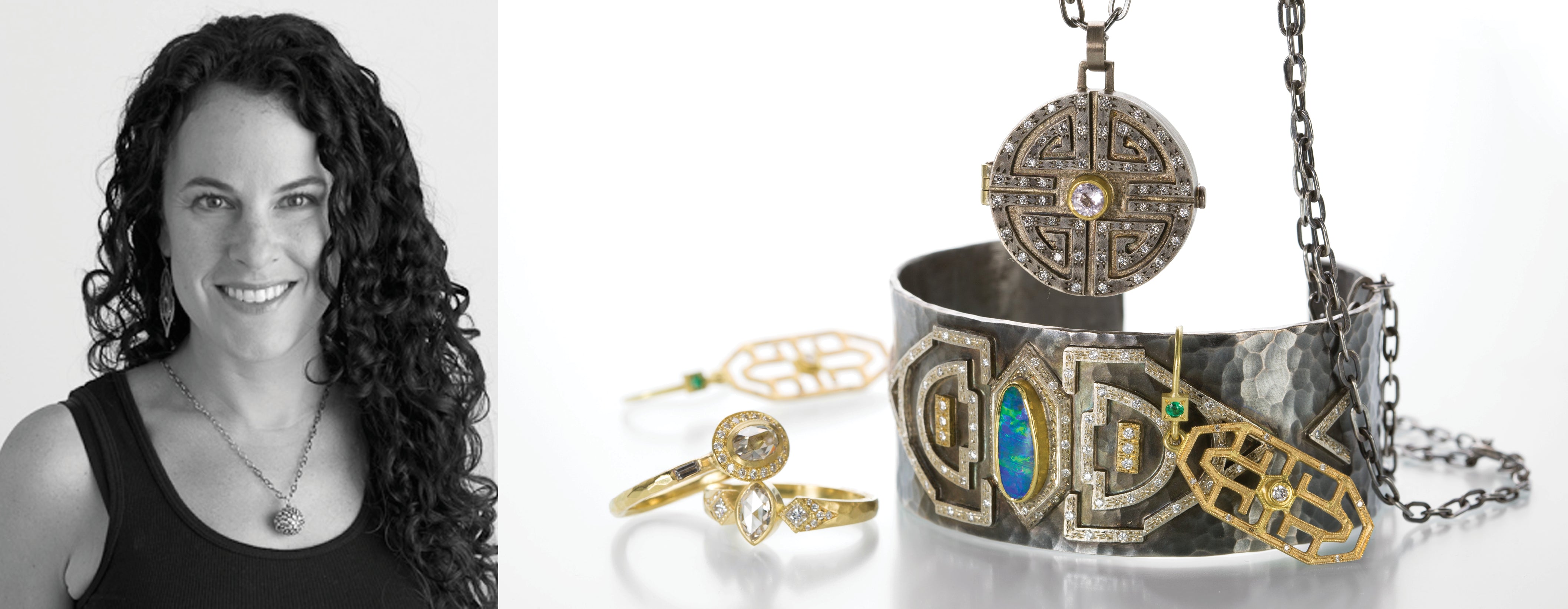 Jewelry designer Annie Fensterstock with a photo of her jewelry collection: an oxidized sterling silver cuff with opal and diamonds, an oxidized sterling silver round diamond locket, and two 18k yellow gold diamond rings