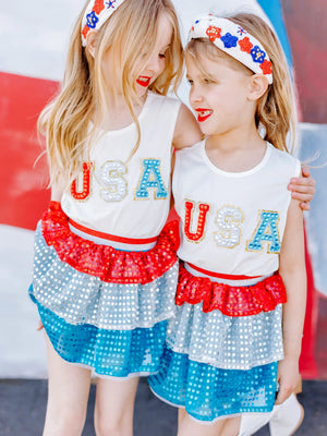 Girls USA Patched Tank & Ruffle Sequins Skirt Set - Wren + Willow