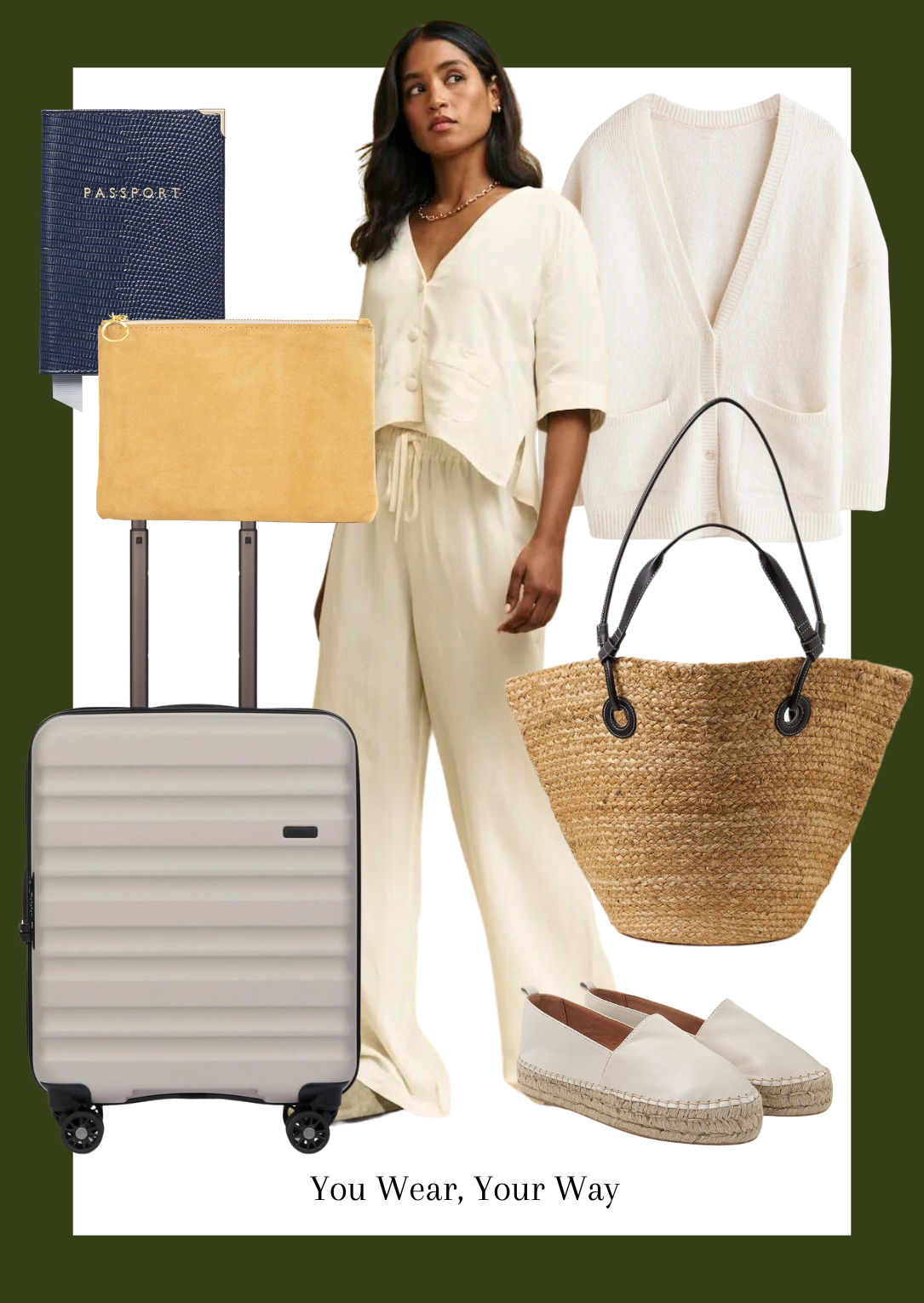 outfits to wear to the airport, antler wheely suitcase, dida ritchie clutch bag, aspinal passport cover, nobodys child two peice cream linen set, boden cream cardigan, accessorize straw bag, dida ritchie ivory espadrilles