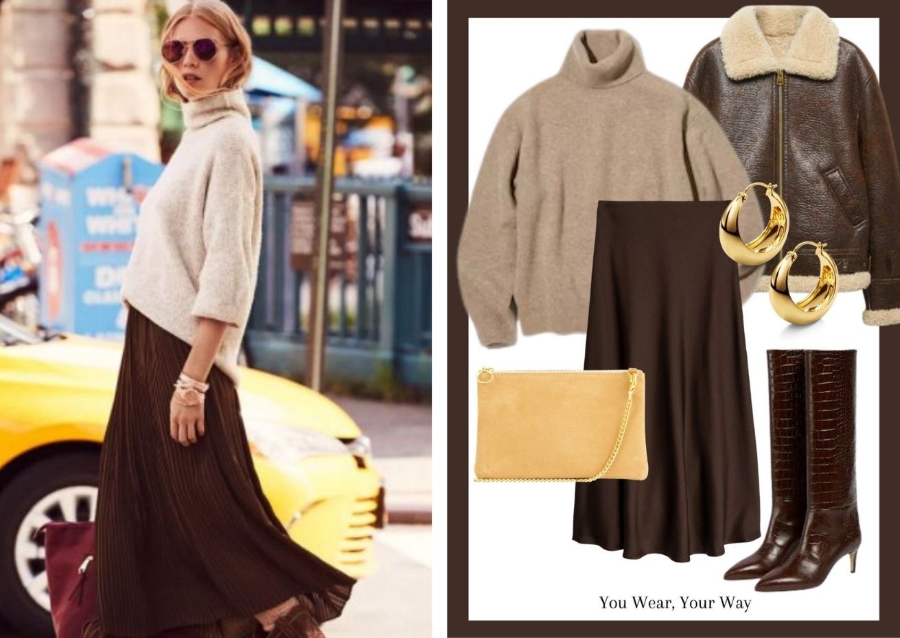 brown skirt and tonal look - dida ritchie rosa tan suede clutch bag