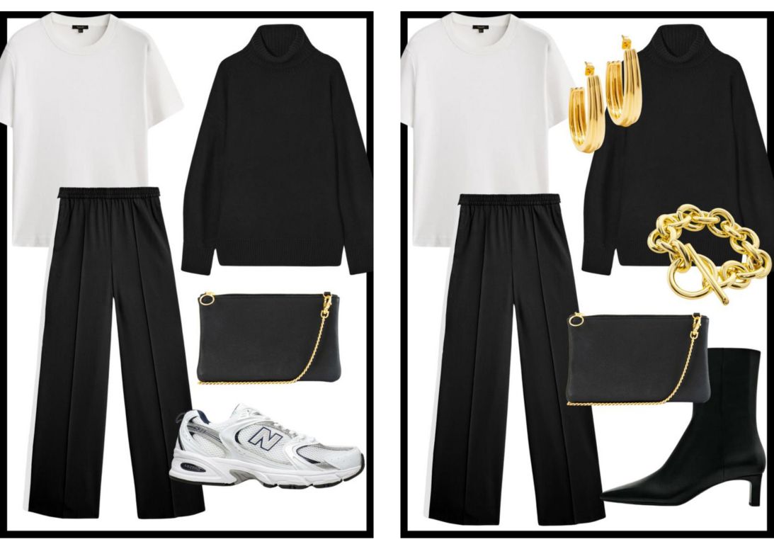 Look 1, day to night outfit inspiration with the Dida Ritchie black leather clutch bag