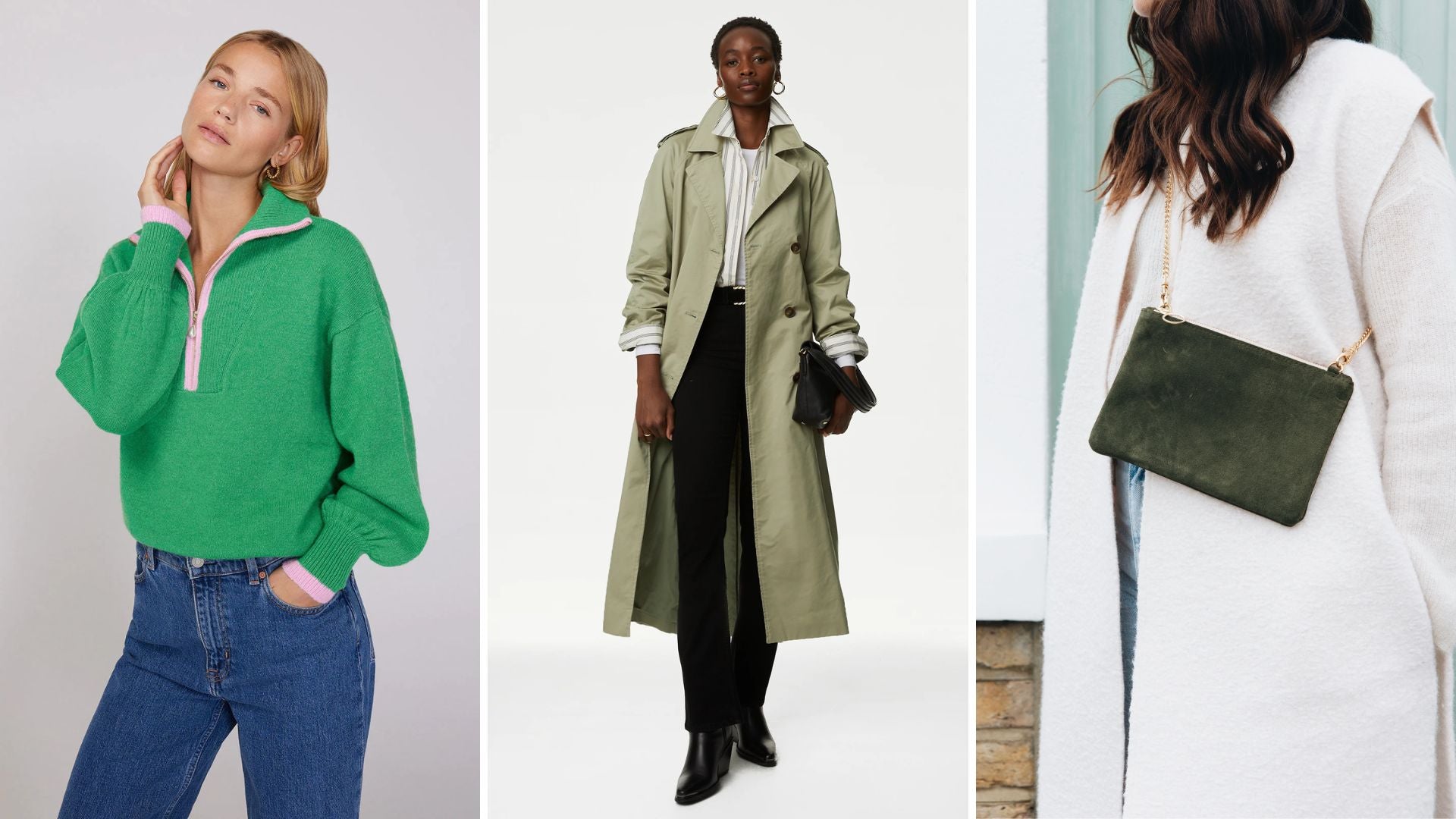 green jumper, green trench coat, dida ritchie rosa green suede clutch bag