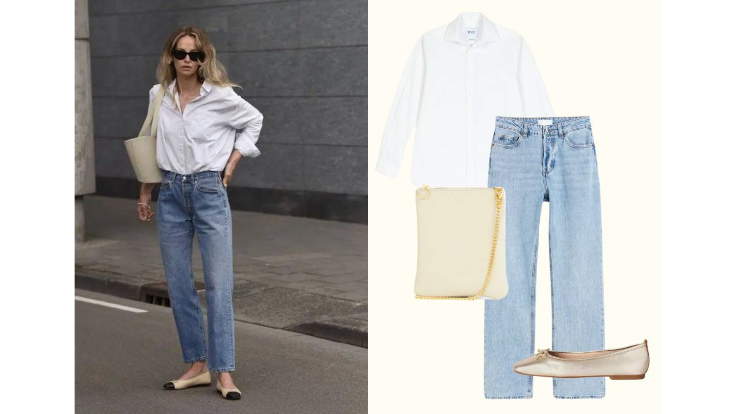 white shirt, blue jeans, metallic ballet flats and dida ritchie india cream leather clutch bag