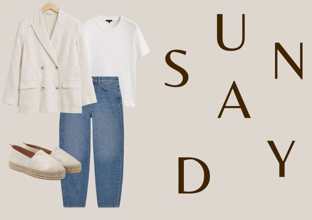 dida ritchie outfit collage: cream blazer, blue jeans, white t-shirt, dida ritchie cream espadrille pumps
